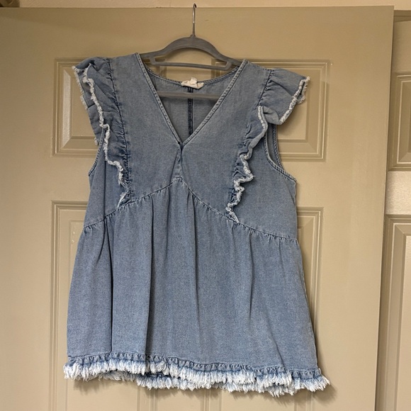 Umgee Tops - Umgee Light Blue Denim Ruffle Sleeveless Top